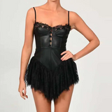 Zjkrl - Sexy Solid White Stitching Lace Bra Corset style Spaghetti Strap Mini Dress Women Backless Party Skater Short Sling Robe