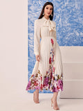Chic Floral Print Long Sleeve Tie Neck Dress - Cinched Waist, Pleated, Comfortable, Versatile for Spring & Fall, Women's Elegant Clothing for Everyday Wear