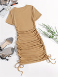 Sexy Mini Bodycon Dress - Crew Neck, Mid-Elastic Polyester, Ruched Detail, Fake Drawstring, Solid Color, Party Perfect for Women - All Seasons, Middle East Style