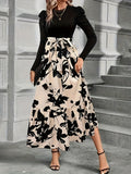 1pc Vintage Style Women'S Long Knit Dress with Floral Print and Contrast Color Puff Sleeves, Round Neck, Polyester, Loose Fit Skirt, Two-Tone Design for Autumn/Winter