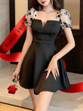 For Spring & Summer, Elegant Mesh Floral Pattern Dress, Puff Sleeve Ruffle Hem Aline Women's Clothing