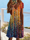 Abstract Print Color Block Dress, Boho V Neck Short Sleeve Dress, Women's Clothing