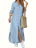 Solid Button Front Shirt Dress, Casual Long Sleeve Maxi Dress, Women's Clothing