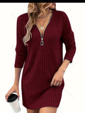 Women'S Solid Color Ribbed Dress, Polyester, Deep V-Neck, Knit Fabric, Fitted, Adult, Autumn/Winter Fashion, Casual Style