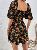 Charming Floral Print Dress with Sweetheart Neckline - Voluminous Puff Sleeves for Spring & Summer Elegance - Womens Casual to Formal Wear