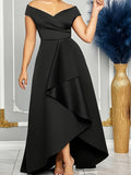 Plus Size Elegant V-Neck Asymmetrical Ruffle Dress - Soft Polyester Knit Fabric with Slight Stretch, Solid Color, All-Season Style, Flattering Fit, Comfortable Wear, Easy Care, and Versatile Occasion Wear