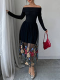 1pc Elegant Off-Shoulder Floral Embroidery Mesh Panel Summer Dress for Women, Polyester Knit Fabric, All-Season Fashion