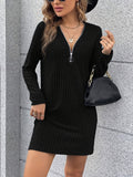 Women'S Solid Color Ribbed Dress, Polyester, Deep V-Neck, Knit Fabric, Fitted, Adult, Autumn/Winter Fashion, Casual Style