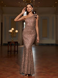 Long One Shoulder Sequin Bodycon Dress - Elegant Sleeveless Mermaid Hem, Contrast Sequin, Micro Elasticity, Hand Wash, Customized, Solid Color, All-Season Party & Banquet Dress for Women