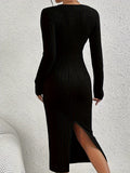 Elegant Long Sleeve Crew Neck Dress - Versatile Ribbed Knit with Split Hem, Perfect for Women in Fall & Winter