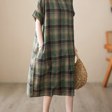 Zjkrl  -  Plus Size Retro Chic Lounge Dress - Soft Plaid Print, Short Sleeve, Crew Neck, Pockets, Comfortable Nightdress for Relaxation