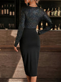Vibrant Sparkling Bodycon Dress - Women's Elegant Long Sleeve V Neck Party Dress for Banquet and Special Occasions - Shining Split Hem, Splicing Design, Flattering Fit, and Chic Style