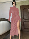 Chic Ruched Split Thigh Dress - High Collar, Long Sleeve, Solid Hue, Elegant Party Wear for Women - Fashionable & Form-Fitting