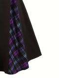Plus Size Retro Dress, Women's Plus Colorblock Plaid Print Button Decor Long Sleeve Square Neck A-line Dress