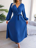 Elegant Micro-Elastic Tunic Dress – Solid Pleated V-Neck with Lantern Sleeves & Belt, Perfect for Adult Women's Fall/Winter Fashion