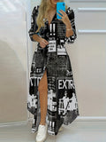 Zjkrl  -  Chic Newspaper Print Womens Dress - Versatile Button-Down Style with Flattering Long Sleeves - A Fashionable Everyday Shirt Dress for Your Wardrobe