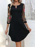 Zjkrl  -  Three-quarter Illusion Sleeve Floral Dress, Casual Keyhole Crew Neck Loose Dress, Women's Clothing