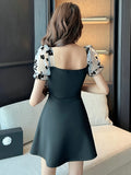For Spring & Summer, Elegant Mesh Floral Pattern Dress, Puff Sleeve Ruffle Hem Aline Women's Clothing