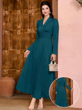 Solid V Neck Dress, Elegant Long Sleeve Shirred Waist Dress, Women's Clothing