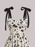 Floral Print Tie Strap Dress, Chic Sleeveless Sweetheart Neck A-line Dress For Spring & Summer, Women's Clothing