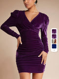 Elegant Velvet Ruched V-Neck Long Sleeve Bodycon Mini Dress for Women's Party & Banquet, Slim Fit, V-Neck, Long Sleeve, Mini Length