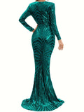 Long Sleeve Sequined Mermaid Fit and Flare Dress - Elegant V-neck, Geometric Pattern, Regular Sleeve, No Elasticity - Perfect for Wedding, Evening, Party, Banquet, Occasion, Engagement, and Ceremony