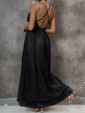 Sequined Deep V-neck Halter Dress, Elegant Smocked Aline Dress For Party & Banquet, Women's Clothing