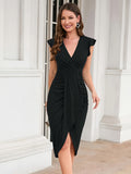 Elegant Women's Solid Surplice Neck Ruched Dress with Flutter Sleeve and Asymmetrical Hem for Elegant Dressing