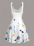 Vibrant Floral V-Neck A-Line Dress - Sleeveless, Knee-Length, Cross Detail, Flared Silhouette, Soft Knit Fabric, Polyester & Spandex Blend, All-Season Vacation Style for Women, Elegant and Comfortable Wear