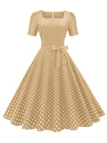 Summer Vintage Chic Polka Dot Dress – Elegant Square Neck, Knee-High with Belt, Breathable Cotton Blend – Easy Care