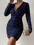 All-Season Glam: Elegant Sequined V-Neck Bodycon Dress with Comfort-Fit Elasticity & Stylish Ruched Details
