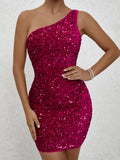 Glittering Sequined One Shoulder Bodycon Dress - Flattering Slim Fit for Nightlife & Parties - Fashionable Womens Mini Dress