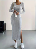 Zjkrl  -  Long Sleeve Bodycon Ribbed Knit Dress - Sexy Crew Neck Split Thigh Slim Fit with Mid Elasticity - Machine Washable Polyester Fabric for Fall/Winter Season