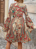 Vibrant Paisley Print V Neck A-Line Dress - Women's Elegant Vacation Dresses with Layered Sleeves