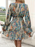 Paisley Print V-neck Vintage Dress, Shirred Waist Ruffle Hem Swing Dress For Spring & Fall, Women's Clothing