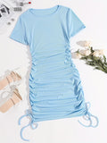 Sexy Mini Bodycon Dress - Crew Neck, Mid-Elastic Polyester, Ruched Detail, Fake Drawstring, Solid Color, Party Perfect for Women - All Seasons, Middle East Style