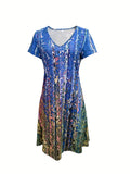 Abstract Print Color Block Dress, Boho V Neck Short Sleeve Dress, Women's Clothing