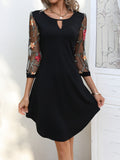 Zjkrl  -  Three-quarter Illusion Sleeve Floral Dress, Casual Keyhole Crew Neck Loose Dress, Women's Clothing