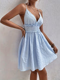 Chic V Neck Backless Cami Dress with Flattering Shirred Waist - Delicate Frill Trim, Sleeveless Spaghetti Strap - Perfect for Spring & Summer Day to Night Style - Womens Clothing