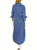 Solid Button Front Shirt Dress, Casual Long Sleeve Maxi Dress, Women's Clothing