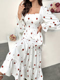 Elegant Women's Floral Print A-line Dress, Long Sleeve Square Neck Ruffle Hem Dress for Spring & Fall