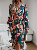 Allover Print Wrap Dress, Elegant V Neck Long Sleeve Dress, Women's Clothing For Elegant Dressing
