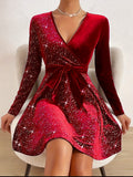 Stunning Solid Contrast Sequin Mini Dress - Elegant V Neck Long Sleeve Dresses for Women - Sparkling Evening Wear with Flattering Fit and Chic Design
