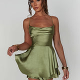 Zjkrl  -  Mini Backless Ruffle Slingback Dress - Elegant Square Neck, High Elasticity Polyester, Solid Color, Knit Fabric, Perfect for Coquette Y2K Style Party Dressing - Womens Clothing for All Seasons