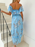 Floral Print Dipped Hem Dress, Vacation Off Shoulder Ruffle Trim Dress, Women's Clothing
