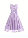 Stunning Floral Embroidered A-Line Tank Dress - Elegant Surplice Neck Sleeveless Party Dress for Women - Perfect for Banquet, Wedding, and Formal Occasions with Tie Waist Detail