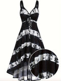 Plus Size Elegant Tie Dye Pencil Dress - V Neck, Asymmetrical Hem, High Stretch, Machine Washable - Perfect for Summer Casual Occasions