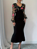 Elegant Women's Contrast Mesh Splicing Bodycon Dress with V Neck and Long Sleeves for Spring & Fall
