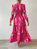 Four-Season Wear Polyester Midi Elegant Dress with V-Neck, Leaf Hem, Floral Print, and Random Pattern