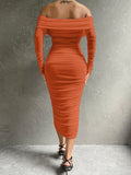 Glamorous Off-Shoulder Ruched Bodycon Dress - Chic Long Sleeve Evening Gown for Parties & Banquets - Premium Womens Fashion